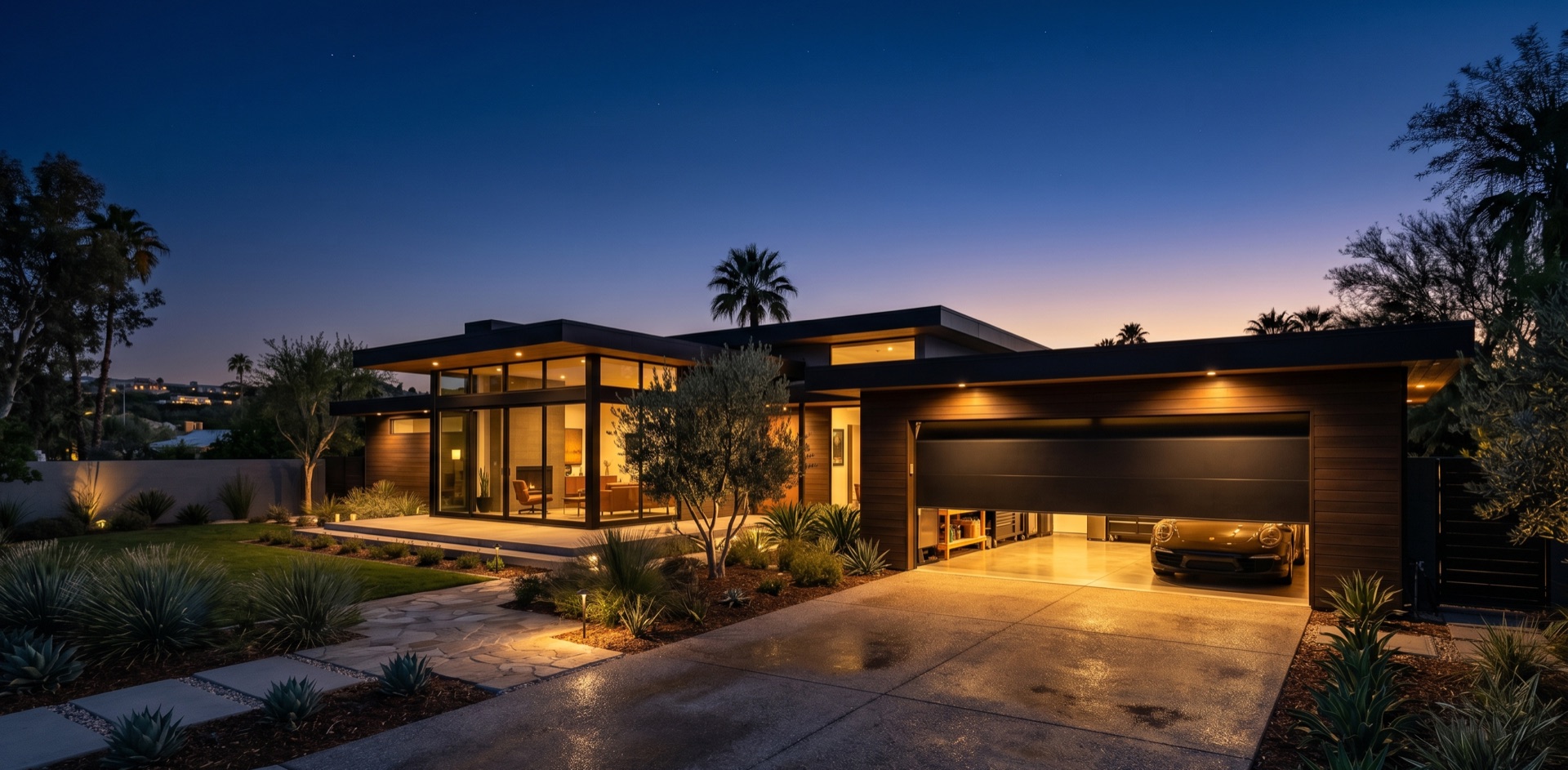 Modern home with two-car garage at twilight